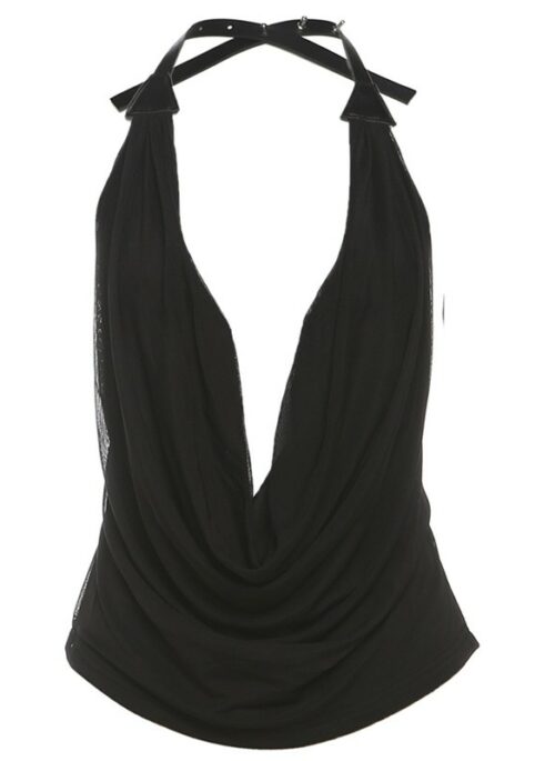 Black Draped Plunge Halter Top | Lia – ITZY