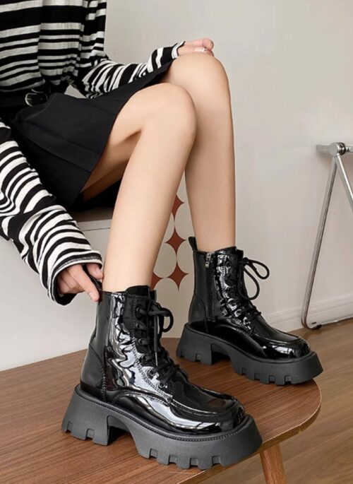 Black Glossy Faux Leather Combat Boots | Yuna – ITZY