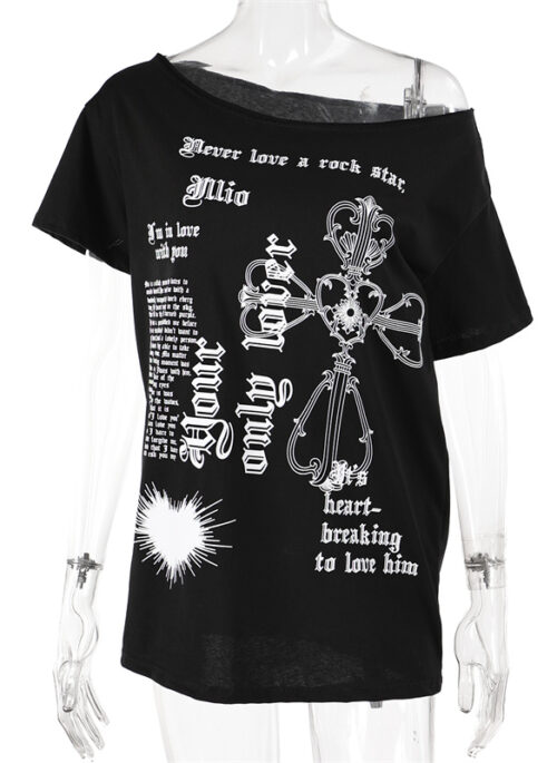 Black Gothic Print Asymmetrical T-Shirt | Karina – Aespa