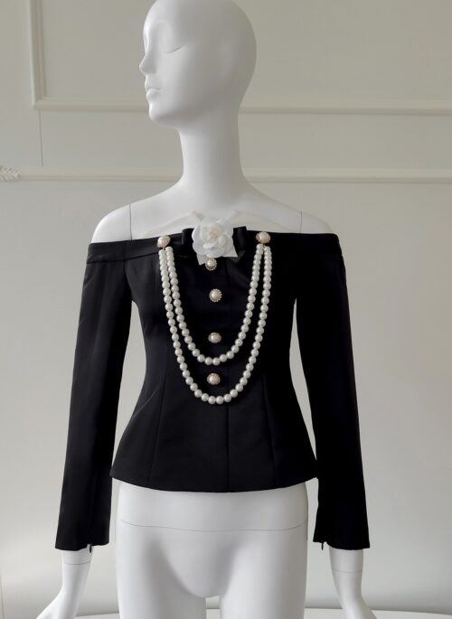 Black Pearl Chain Vintage Off-Shoulder Top | Jennie – BlackPink