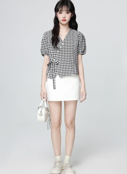 Black Plaid V Neck Puff Sleeve Short Shirt