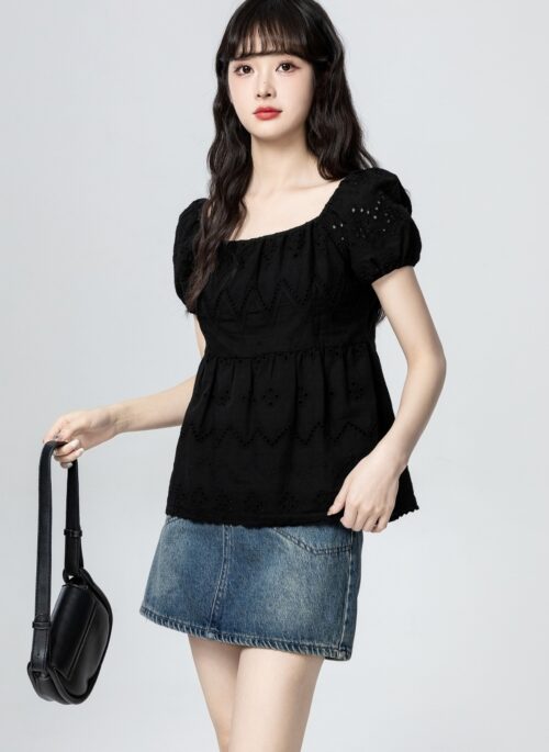Black Puff Sleeve Lace Blouse