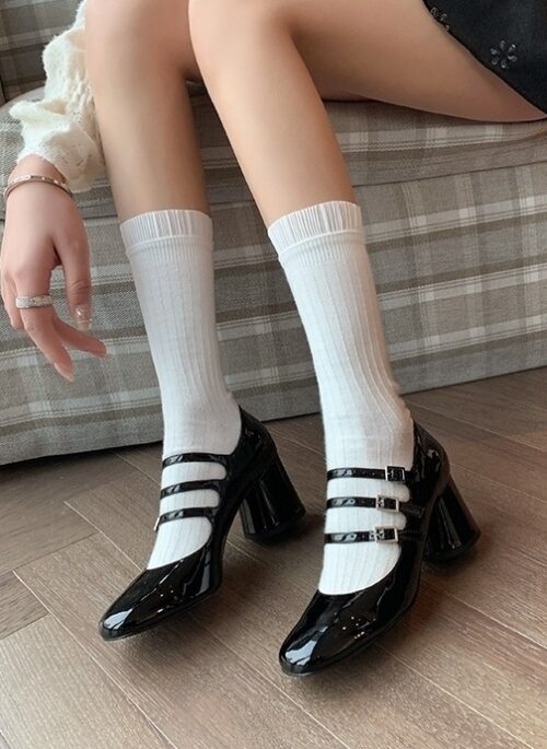 Black Three-Strap Leather Heeled Shoes | Jisoo – BlackPink
