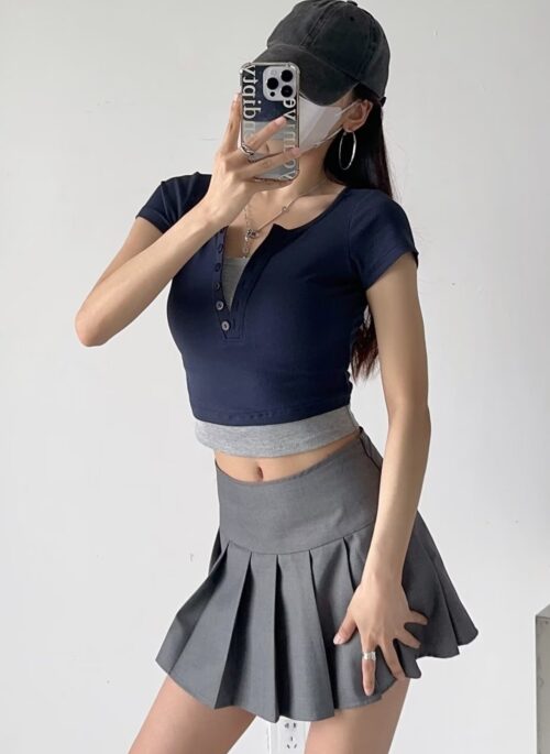 Blue And Grey Half Button Crop T-Shirt | Ahyeon – BabyMonster