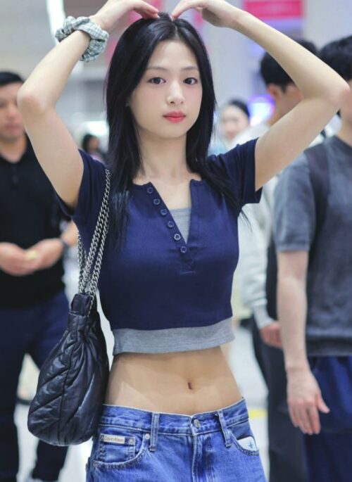 Blue And Grey Half Button Crop T-Shirt | Ahyeon – BabyMonster