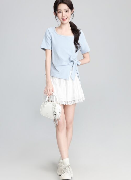 Blue Bow Tie Short Sleeve Split Hem Top