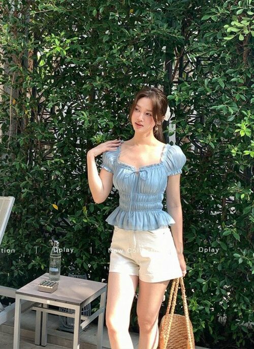 Blue Cinched Waist Puff Sleeve Top | Lisa - BlackPink