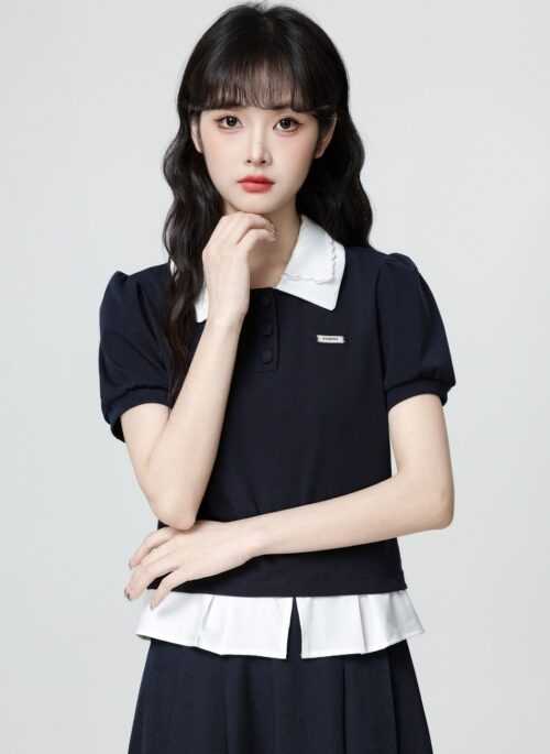 Blue Contrast Polo Collar Short Sleeve T Shirt