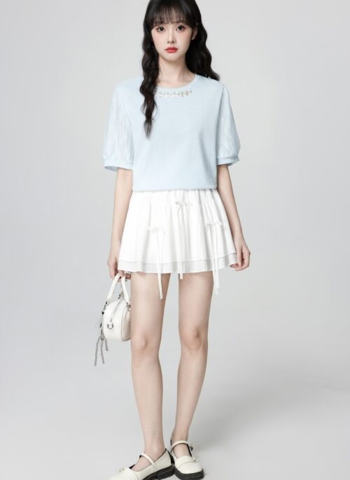 Blue Crew Neck Casual Loose Fit Short Sleeve Top