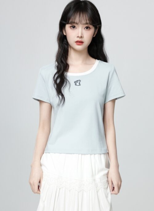 Blue Embroidered Short Sleeve Crewneck Casual Top