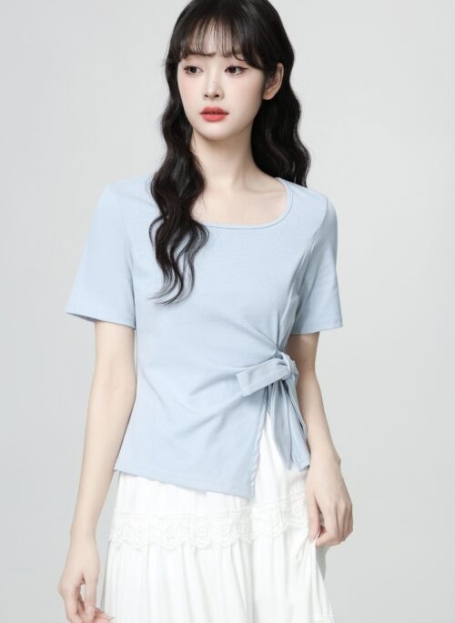 Blue Irregular Short Sleeve Bow Tie Waist Top