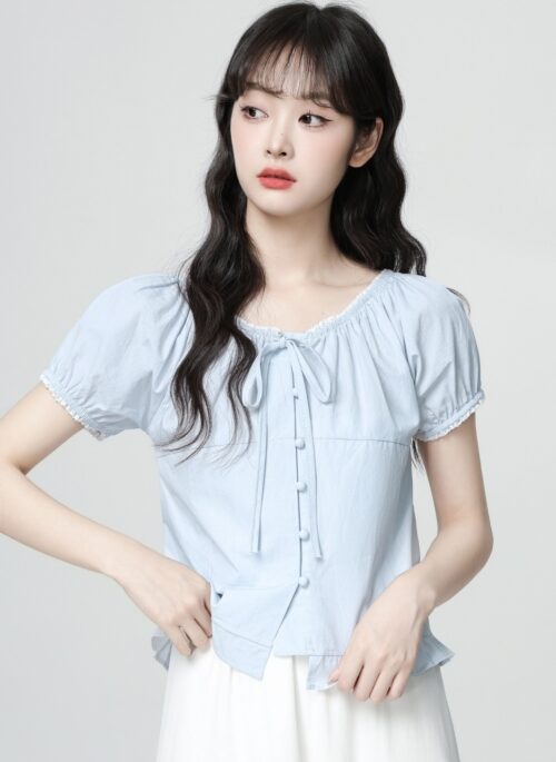 Blue Lace Bow Tie Short Sleeve Blouse