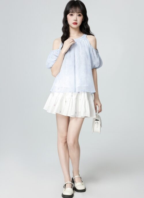 Blue Off Shoulder Puff Sleeve Blouse
