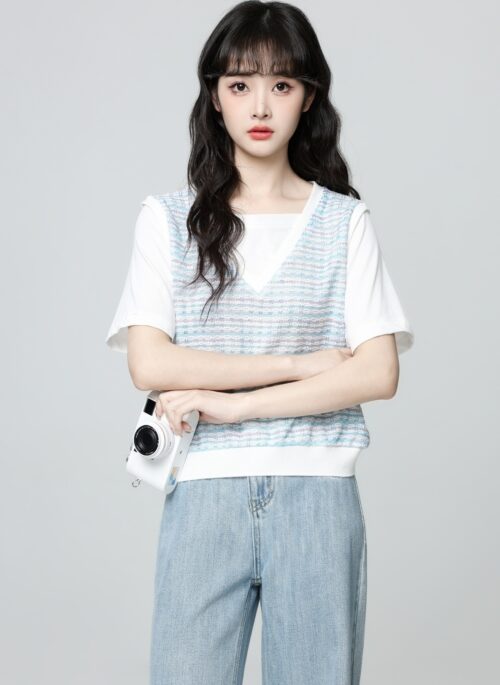 Blue Patchwork Textured Short Sleeve T Shirt
