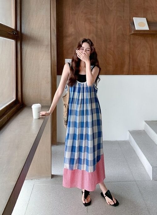 Blue Plaid Vest Dress Casual Sweet Two Piece Set