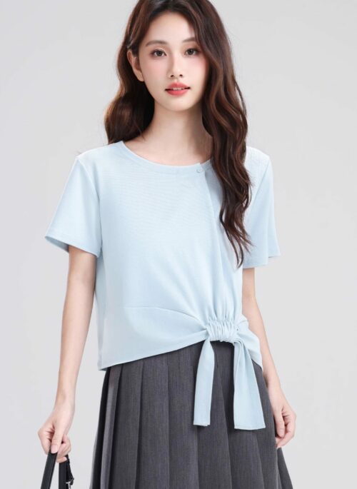 Blue Ruched Tie Short Sleeve Crop Top