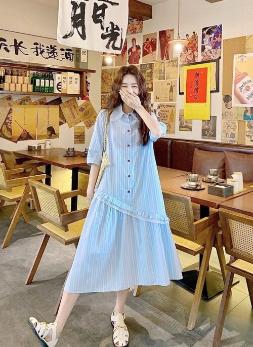 Blue Striped Casual Literary Style Long Dress