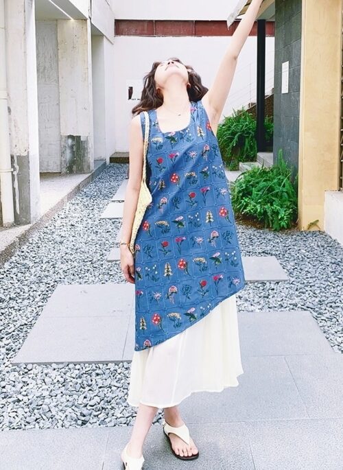 Blue Sweet Japanese Style Embroidered Layered Dress