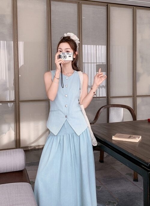 Blue Vest And Skirt Casual Two Piece Set