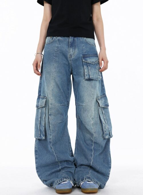 Blue Vintage Wash Oversized Cargo Jeans | Ruka – BabyMonster