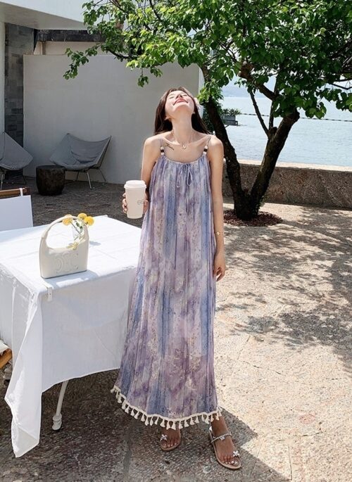 Bohemian Floral Tassel Maxi Dress For Vacation