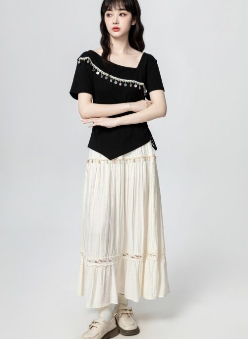 Bohemian Lace Trim High Waist Midi Skirt
