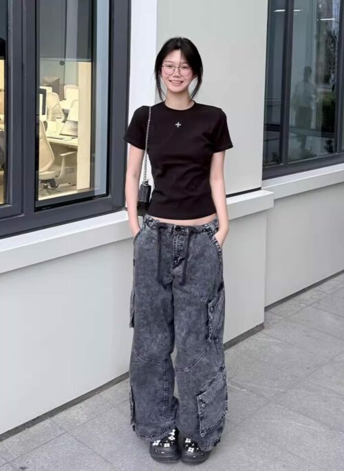 Charcoal Grey Multi-Pocket Wide-Leg Jeans | Yeji - ITZY