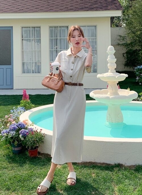 Chic Khaki Waist Slimming Shirt Dress