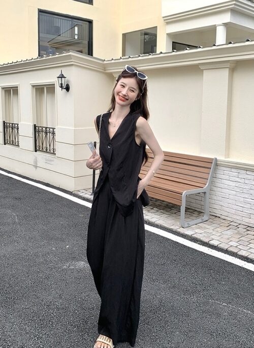 Classic Black Blazer Vest And Wide Leg Pants Set