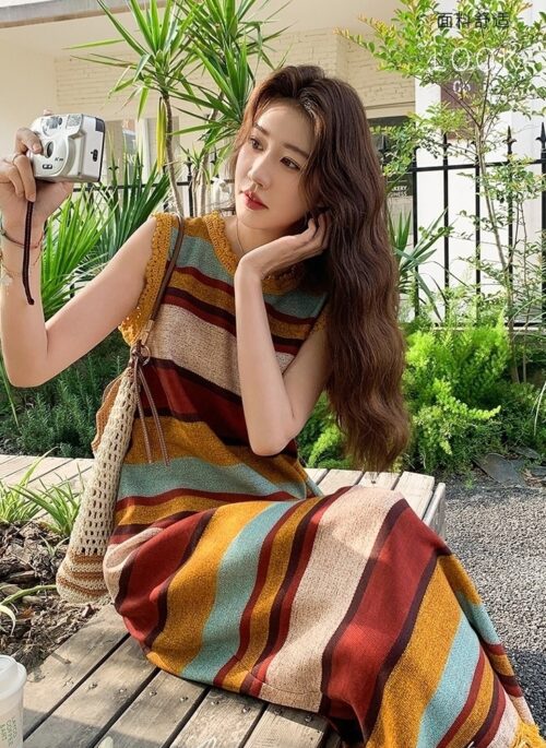 Colorblock Striped Tassel Vacation Maxi Dress
