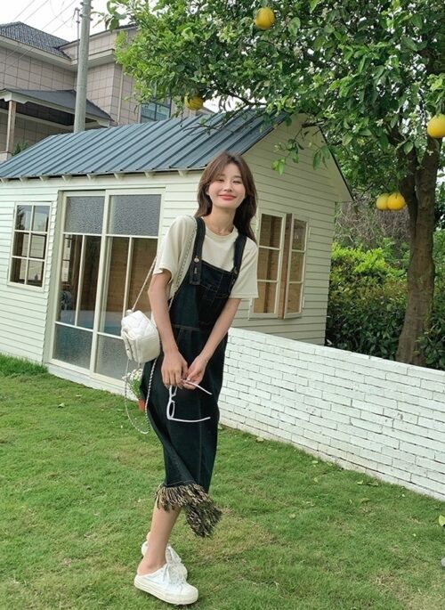 Denim Overall Dress With Youthful Top Set