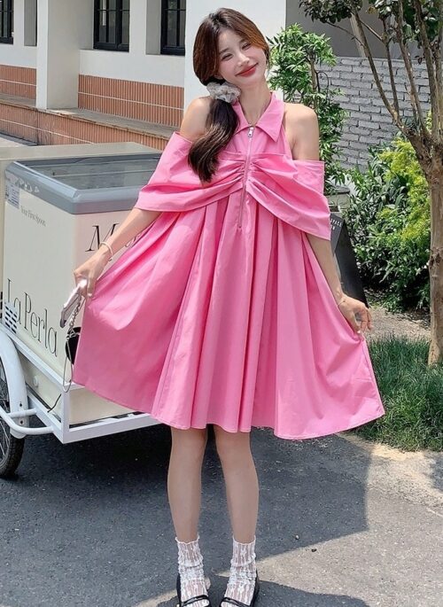 Dopamine Pink Off Shoulder Babydoll Dress Summer Cute