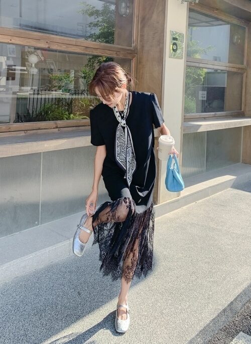 Elegant Black Lace Patchwork Maxi Dress