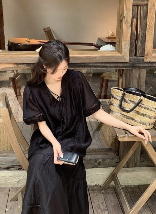 Elegant Black V Neck Top And Skirt Set
