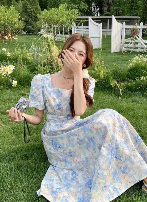 Elegant Blue Floral Puff Sleeve Maxi Dress