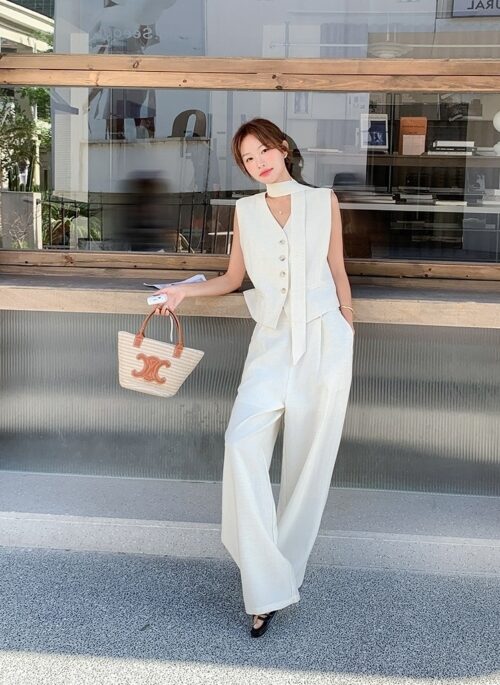 Elegant Cream Vest And Wide Leg Pants Set