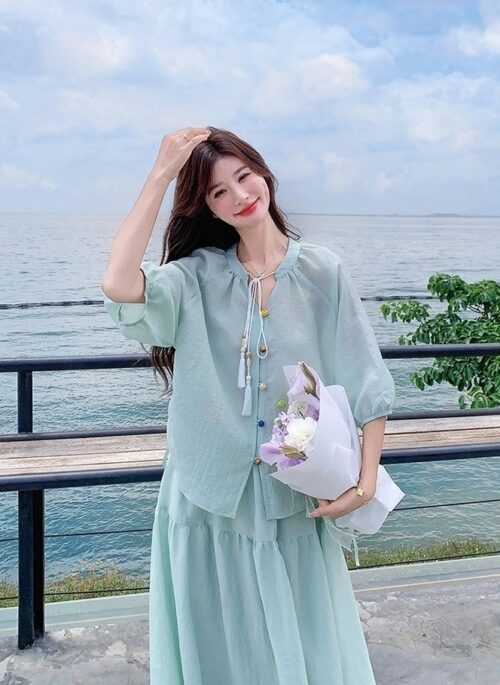 Elegant Drawstring Shirt And Skirt Set