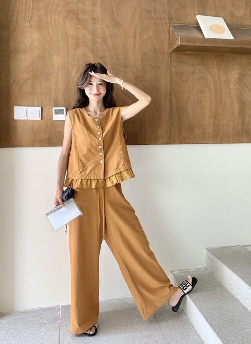 Elegant Lace Trim Vest And Wide Leg Pants Set
