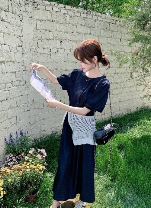 Elegant Puff Sleeve Denim Dress With Knit Shawl