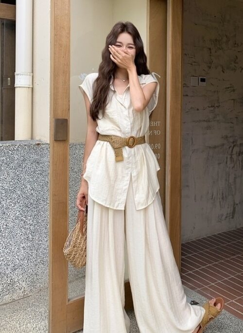 Elegant Waist Shirt And Wide Leg Pants Set
