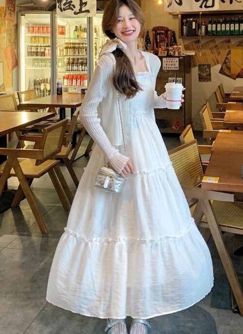 Elegant White Dress Set With Cardigan And Cami