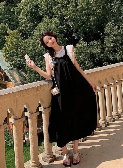Embroidered Lace Shirt And Suspender Dress Set