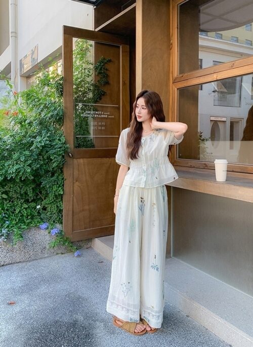 Embroidered Relaxed Fit Shirt And Wide Leg Pants Set