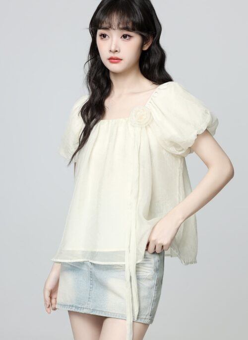 Floral Puff Sleeve Bow French Blouse
