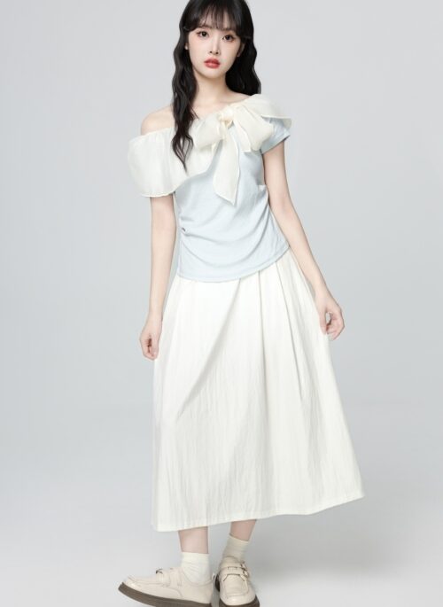 French Blue Off Shoulder Bow Short Sleeve Top