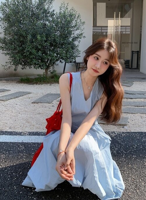 French Blue Sleeveless Waist Slimming Vacation Dress