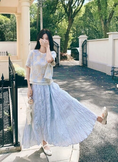 French Embroidered Lace Short Sleeve Top Skirt Set