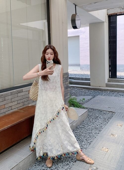 French Lace Embroidered Print Tassel Skirt Set