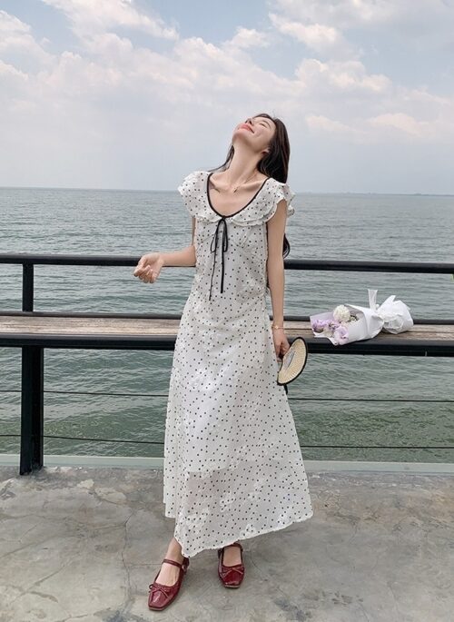 French Polka Dot Ruffled Sweet Long Dress