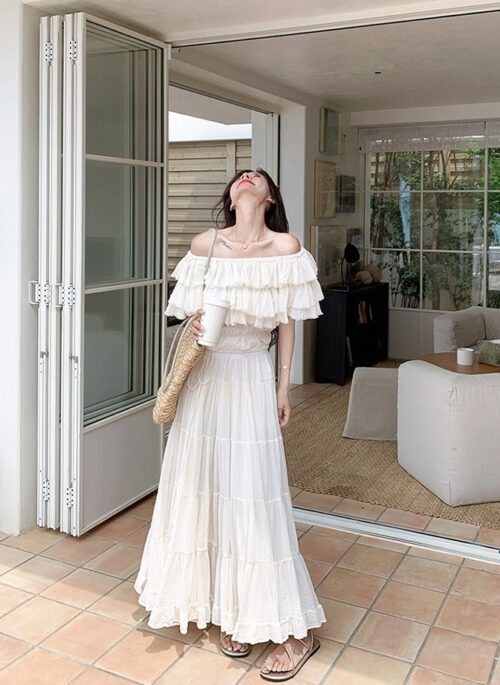 French Ruffle Off Shoulder Vacation Skirt Set